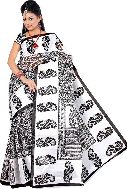 Pavechas Printed Mangalagiri Cotton, Nylon Saree(Black, White)
