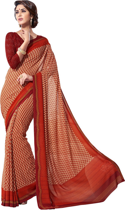 Jiya Self Design, Printed Fashion Poly Georgette Saree(Orange, Beige)