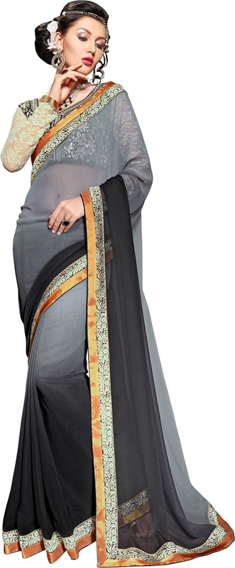 Manthan Embroidered Daily Wear Poly Georgette Saree(Black, Grey)