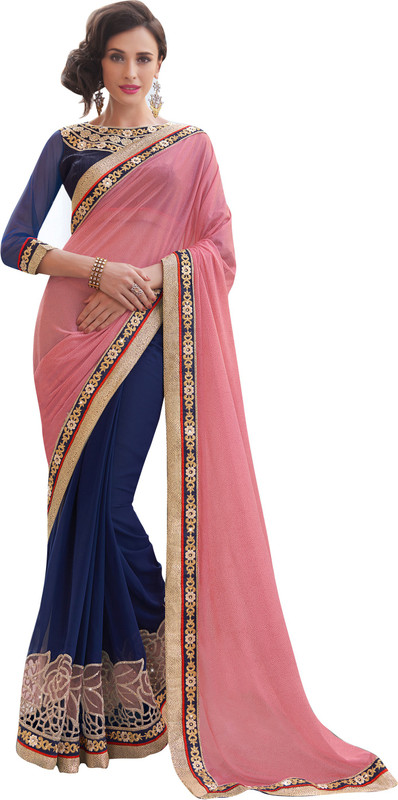 Khoobee Self Design, Embroidered, Embellished Fashion Chiffon Saree(Dark Blue, Pink)