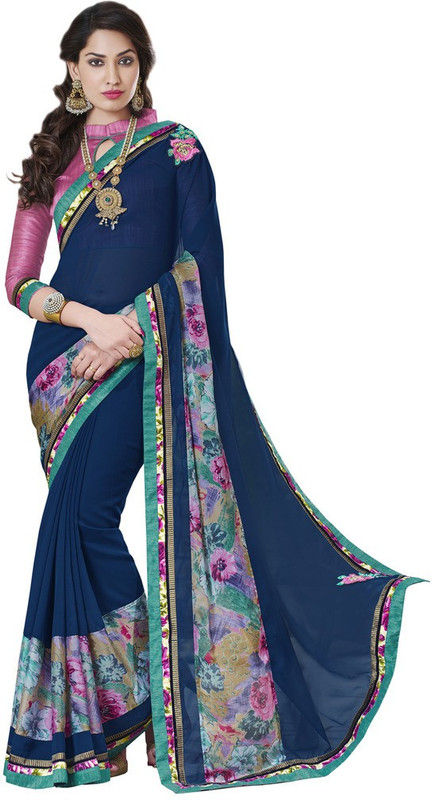 Desi Butik Embroidered Fashion Poly Georgette, Chiffon Saree(Purple)