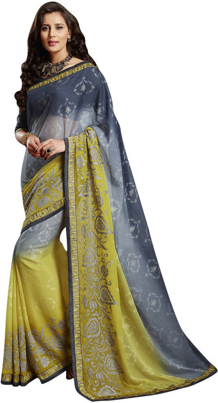 VISHAL Self Design Bollywood Cotton Blend, Chiffon Saree(Grey, Yellow)