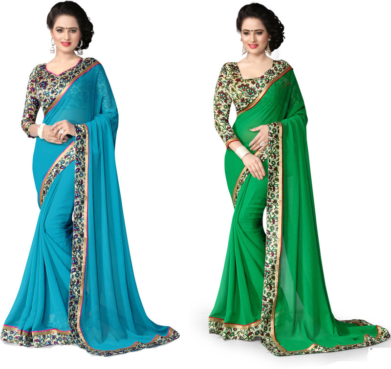 Indianbeauty Printed Bollywood Chiffon Saree(Pack of 2, Light Blue, Green)