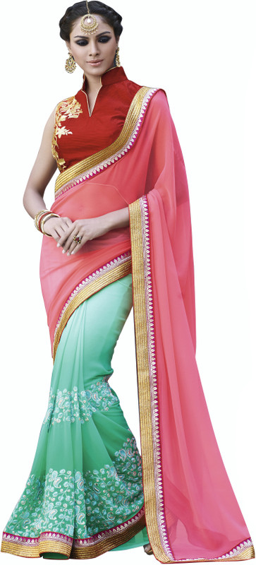 Khushali Self Design, Embroidered Fashion Poly Georgette Saree(Pink, Light Green)