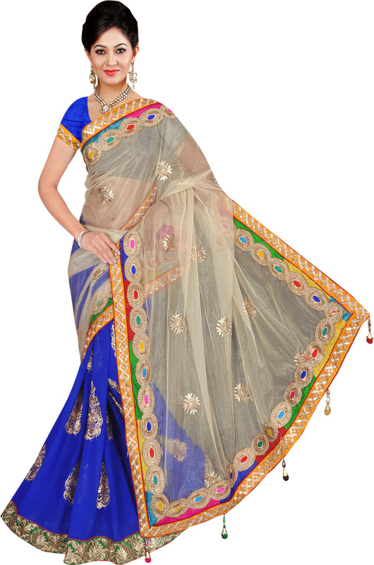 Winza Designer Self Design, Embroidered, Embellished, Solid Bollywood Cotton Blend, Poly Georgette Saree(Blue, Beige)
