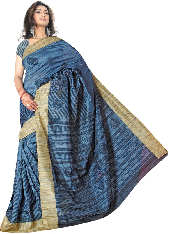 Khushali Self Design, Printed Fashion Art Silk Saree(Blue, Beige)