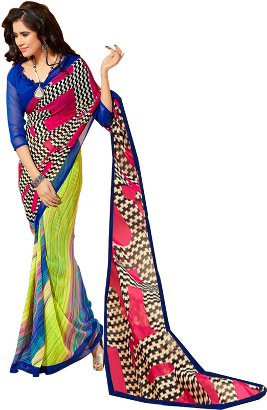 Jiya Self Design, Printed Fashion Poly Georgette Saree(Blue, Pink, Yellow)