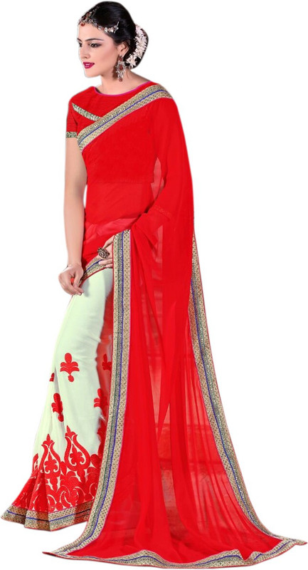 Khushali Self Design, Embroidered Fashion Poly Georgette Saree(Red, Beige)