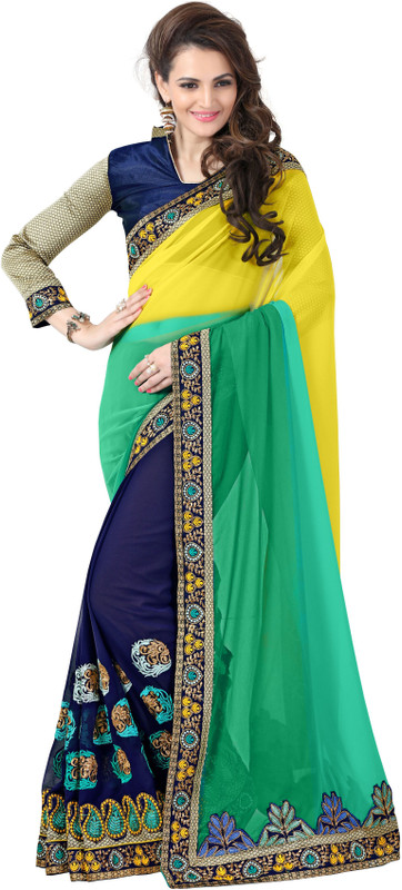 onlinefayda Embroidered Daily Wear Poly Georgette Saree(Blue, Yellow)