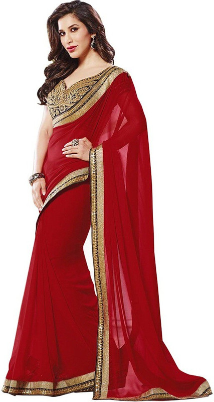 ambe fashion Embroidered Bollywood Poly Georgette Saree(Red)