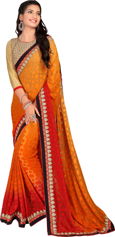 Khushali Self Design, Embroidered Fashion Cotton Blend, Poly Georgette Saree(Orange)