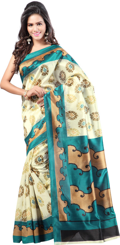 Indrani Printed Bhagalpuri Silk Blend Saree(Light Blue)