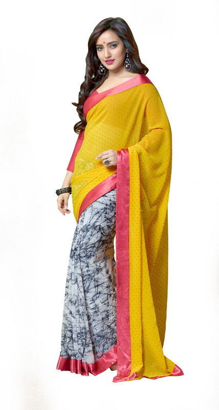 Jiya Self Design, Printed Fashion Poly Georgette Saree(White, Grey, Yellow)