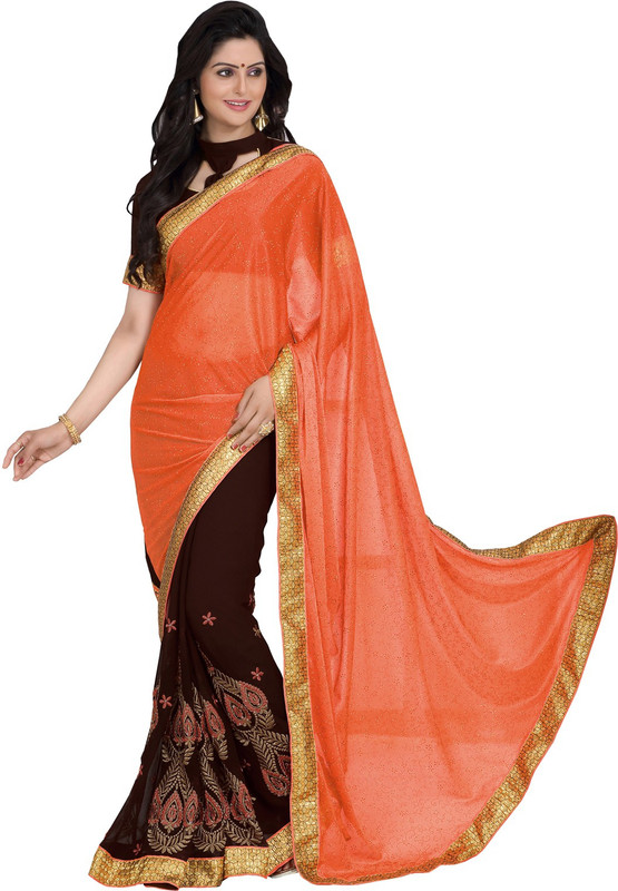 Parisha Embroidered Daily Wear Cotton Blend, Poly Georgette Saree(Brown, Pink)