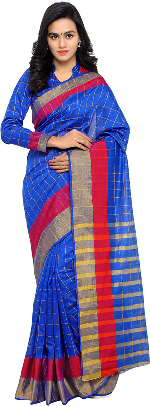 sarvagny clothing Checkered Kanjivaram Kota Silk Saree(Blue, Pink)
