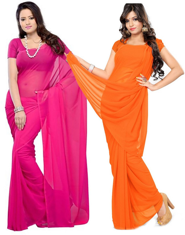 Multi Retail Solid Bollywood Poly Georgette Saree(Pack of 2, Pink, Orange)