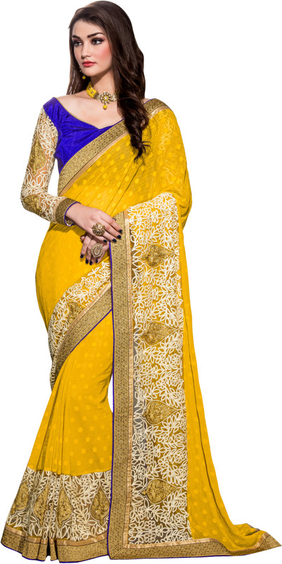 Khushali Self Design, Embroidered, Embellished Fashion Cotton Blend Saree(Blue, Yellow)