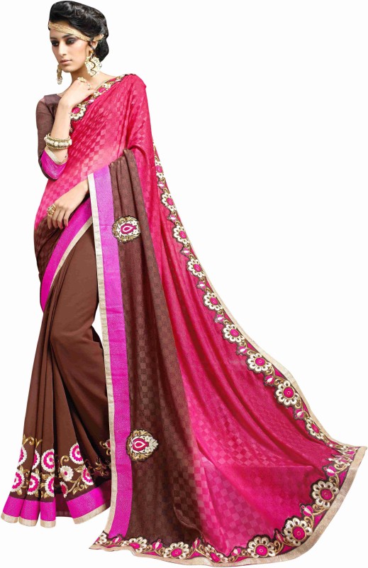 Khushali Self Design, Embroidered Fashion Cotton Blend, Poly Georgette, Poly Silk Saree(Brown, Pink)