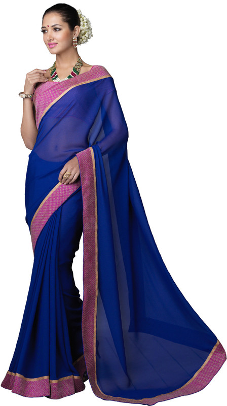 Khoobee Self Design Fashion Poly Georgette Saree(Blue, Pink, Beige)
