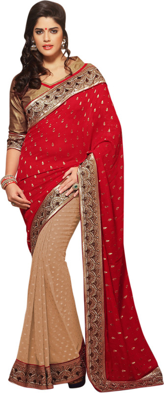 Jiya Self Design, Embroidered, Embellished Fashion Cotton Blend, Poly Georgette Saree(Red, Beige)