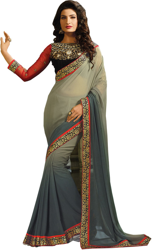 Manthan Embroidered Fashion Poly Georgette Saree(Pack of 2, Grey)