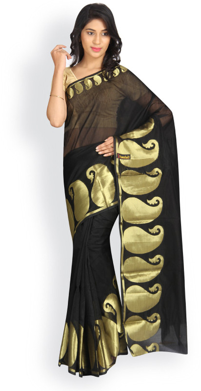 Pavechas Printed Maheshwari Cotton, Polycotton Saree(Black, Gold)