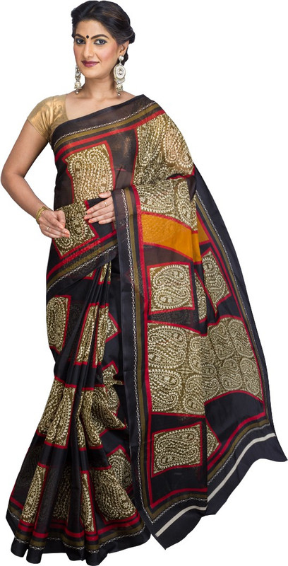 Korni Printed Mangalagiri Polycotton Saree(Black)