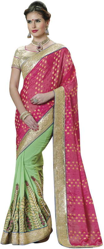 JTInternational Self Design Bollywood Cotton Blend Saree(Pink, Light Green)
