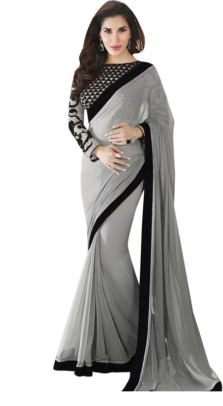 Saumya Designer Self Design Bollywood Poly Georgette Saree(Grey)