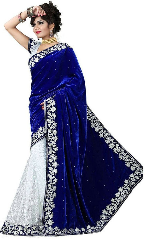 jaishree Embroidered Fashion Velvet, Cotton Blend Saree(Blue)