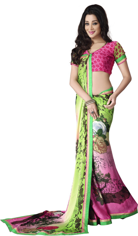 Jiya Self Design, Printed Fashion Satin Blend, Chiffon Saree(Multicolor, Green, Pink)