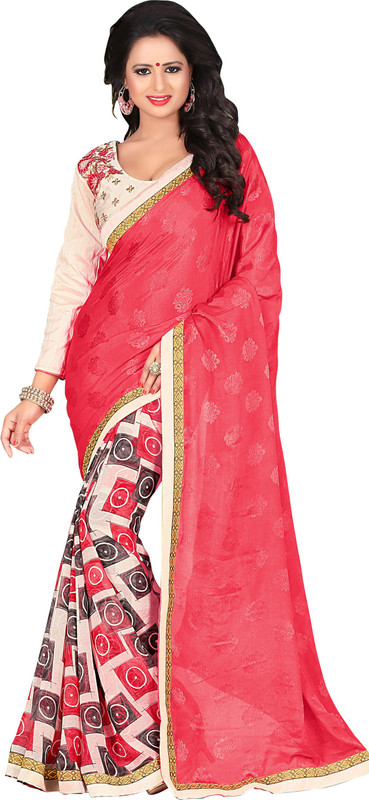 Khushali Self Design, Embroidered Fashion Cotton Blend, Poly Georgette Saree(Multicolor, Pink, Beige)
