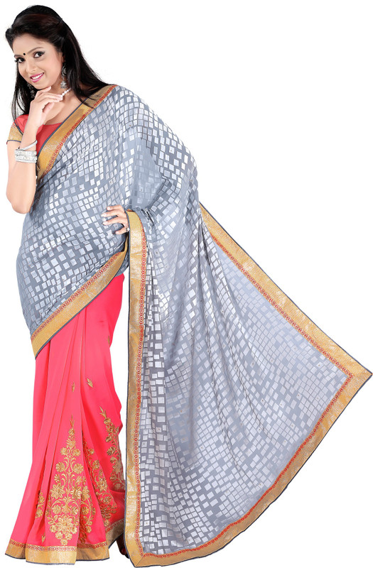 Khoobee Self Design, Embroidered, Embellished Fashion Cotton Blend, Poly Georgette Saree(Pink, Grey)