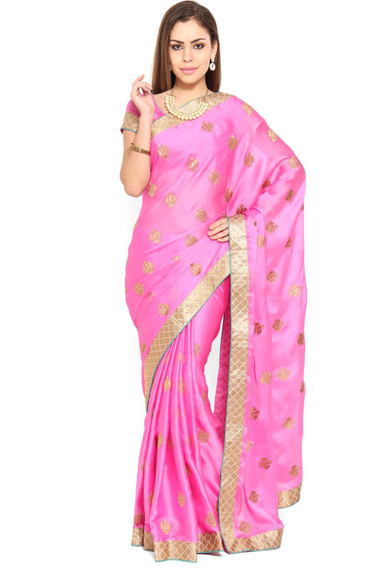 Soch Self Design, Solid Fashion Poly Crepe Saree(Pink, Beige)