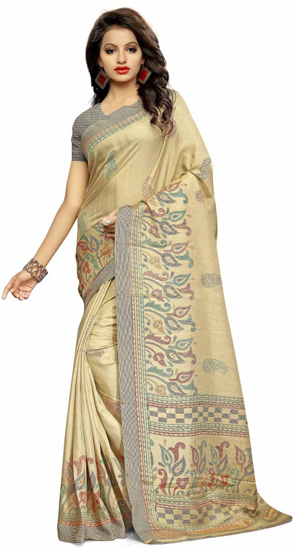Urban Vastra Floral Print Fashion Raw Silk Saree(Beige, Grey)