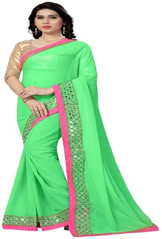 Ribeka Style Embroidered Fashion Poly Georgette Saree(Green)
