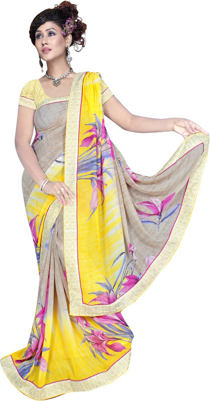 Khoobee Printed Fashion Poly Georgette Saree(Beige, Yellow)