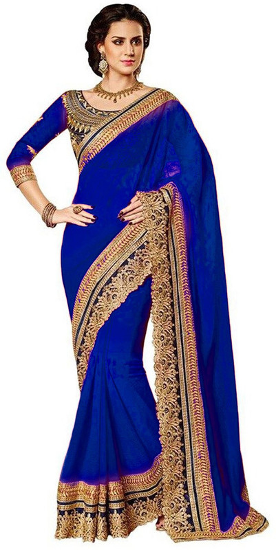 Winza Designer Embroidered, Embellished Bollywood Poly Georgette Saree(Blue)