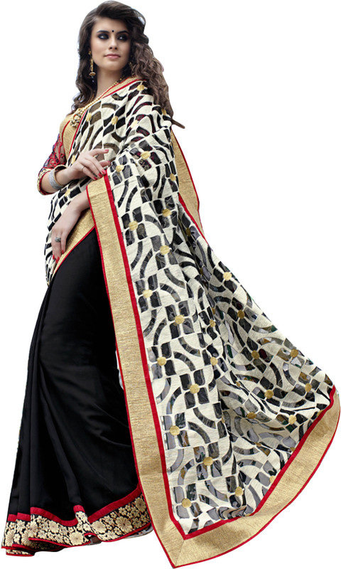 Khoobee Self Design, Embroidered Fashion Cotton Blend, Poly Georgette Saree(Multicolor, White, Black)