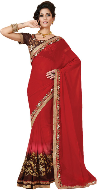 Khoobee Self Design, Embroidered, Embellished Fashion Poly Georgette Saree(Red, Brown)