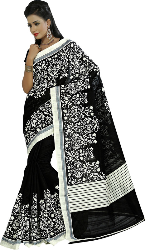 Khushali Self Design, Printed Fashion Art Silk Saree(White, Black)