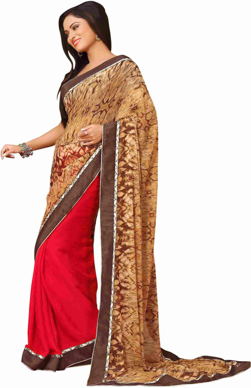 Khushali Self Design Fashion Cotton Blend, Poly Georgette Saree(Red, Beige)