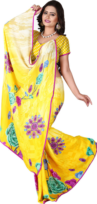 Parisha Self Design, Printed, Embellished Fashion Poly Georgette Saree(Multicolor, Yellow)