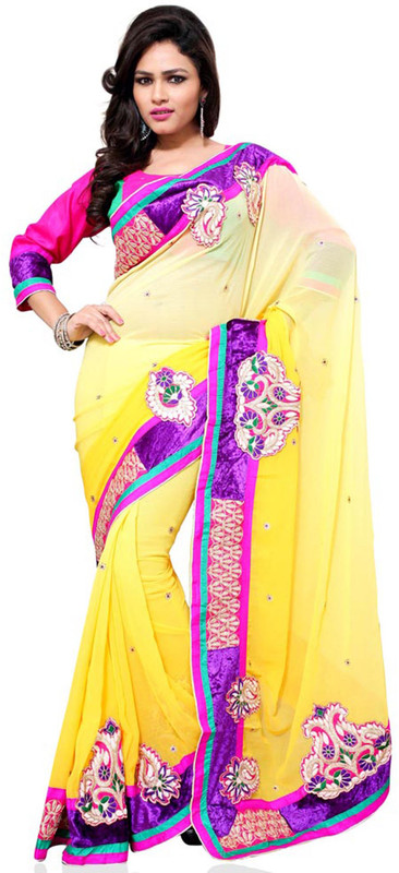 Khushali Self Design, Embroidered Fashion Chiffon Saree(Pink, Yellow)