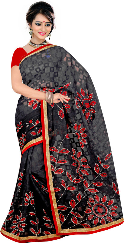 Jiya Self Design, Printed Fashion Cotton Blend Saree(Multicolor, Red, Grey)