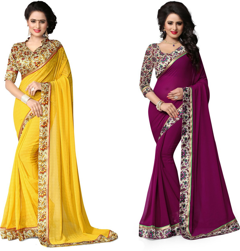 Indianbeauty Self Design, Printed, Solid Fashion Chiffon Saree(Pack of 2, Purple, Yellow)