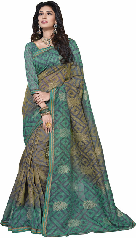 Vishal Self Design Bollywood Cotton Blend Saree(Green, Brown)