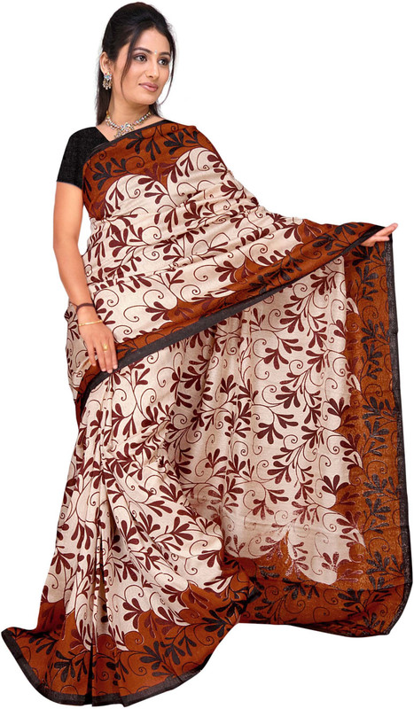 Jiya Self Design, Printed Daily Wear Cotton Blend Saree(Multicolor, Brown, Black, Beige)