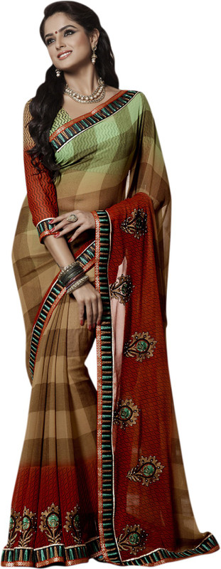 Khushali Self Design, Embroidered, Embellished Fashion Poly Georgette Saree(Multicolor, Red, Beige)