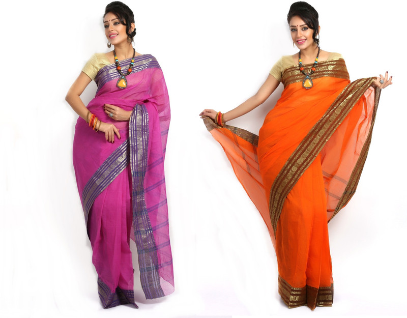 Purabi Woven Tant Handloom Cotton Blend Saree(Pack of 2, Pink, Orange)